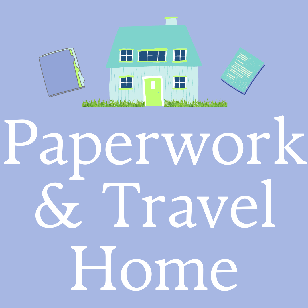 Paperwork and travel home with images of paperwork and a house with grass